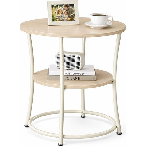 Relaxdays Side Table, 2 Shelves, HD: 55 x 55 cm, Wood-effect & Metal, Sofa Table, Round Coffee Table, Natural/Cream (1/5)