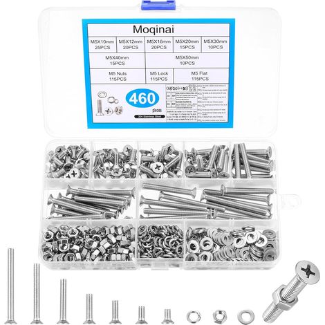 460 Pièces Vis M5 en Acier Inoxydable, Vis à Tête Plate et Fraisée Phillips avec Écrous, Rondelles et Rondelles Grower, Kit de Vis de Machine M5 Assorti (1/5)