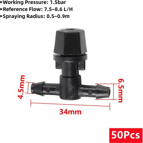 (50 pièces noires) Buses de brumisation réglables avec tuyau de 4/7 mm, raccord en T noir, arroseurs de jardin, buses d'atomisation pour refroidissement et humidification (1/5)