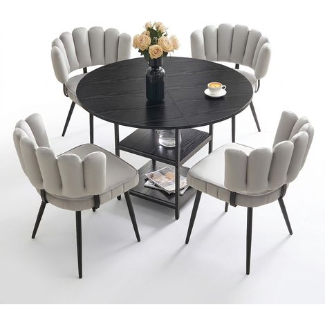 Ensemble table ronde et 4 chaises, diamètre 107 cm, double rangement, sièges en tissu gris clair à dossier fleur (1/5)