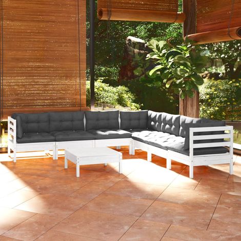 Salon de jardin 8 pcs Ensemble Table et Chaise de Jardin - avec coussins Blanc Bois de pin solide BV776281 - BonneVie (1/5)