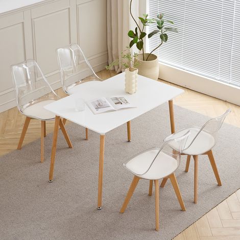 Wokaka Set tavolo e 4 sedie - Tavolo rettangolare (bianco) - Scandinavo - Sedie in acrilico trasparente - Piedi in legno massello (1/5)
