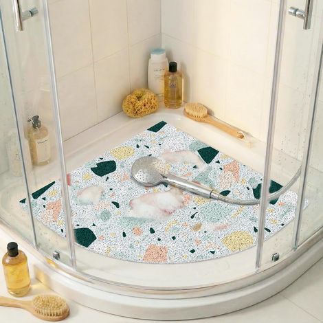 Tapis de Douche d'angle en PVC et Luffa 71x71CM, Terrazzo Pastel (1/5)