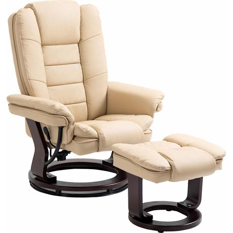 Fauteuil relax inclinable 135° grand confort pivotant 360° avec repose-pieds revêtement PU beige idéal pour salon, chambre à coucher ou bureau facile à assembler avec instructions incluses