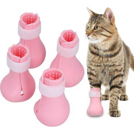 Set di 4 stivaletti in silicone per gatti, copriunghie antigraffio, protezioni per le zampe con cinturino regolabile per il bagno, la tosatura, la visita e il trattamento dei gatti (rosa) (1/5)