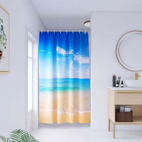 Rideau de douche, motifs de plage, océan, vagues et étoiles, pour baignoire, en textile, résistant à la moisissure, avec 8 œillets en métal, (l x H) 120 x 200 cm (1/5)