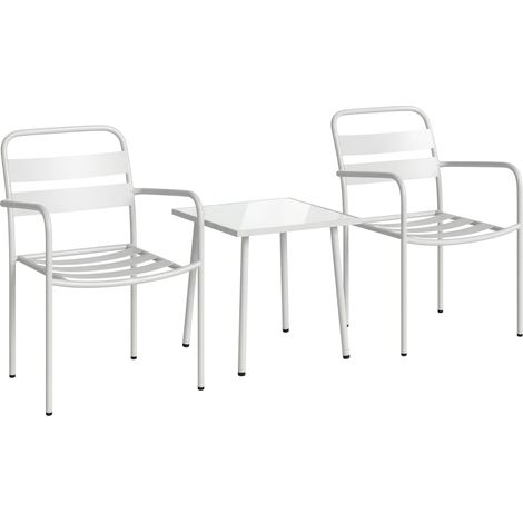 Set 3 Pezzi Bistrò Tavolino 50x50x50 cm in Vetro e 2 Sedie a Doghe in Acciaio Bianco (1/5)