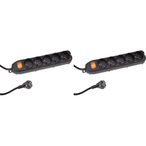 Bloc multiprise avec Interrupteur, Protection Contre Les surcharges, 5 Prises avec Terre française (Type E), 1.5 m, 3G1.5, Usage intérieur, Noir (Lot de 2)