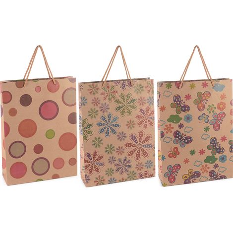 Sacchetti / buste grandi in carta naturale stampata con manici, set da 36 pezzi, cm 24 x 8 x 33 H