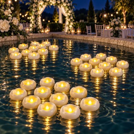 Ensemble de 12 bougies flottantes de 5,08 cm, 200 heures d'activation par l'eau, lumière chaude blanche, sans flamme, LED alimentée par piles, flottantes pour centres de table/baignoire (1/5)