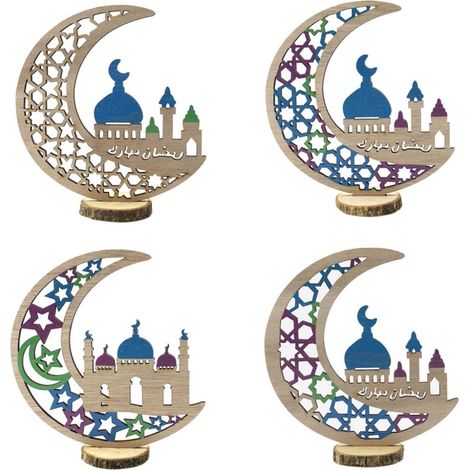 Décor Ramadan Bois Sculpté Creux Islamique - Ornement Lunaire Étoilé 19x17x6.5cm pour Eid Mubarak Maison Fête (1/5)