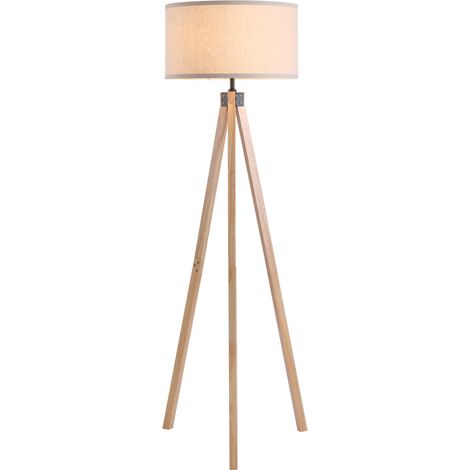 Skandinavische Stehleuchte mit Dreibeinstativ, max. 40 W. Maße: 45 x 45 x 152 cm (L x B x H), Kiefernholz, beigefarbenes Leinen.