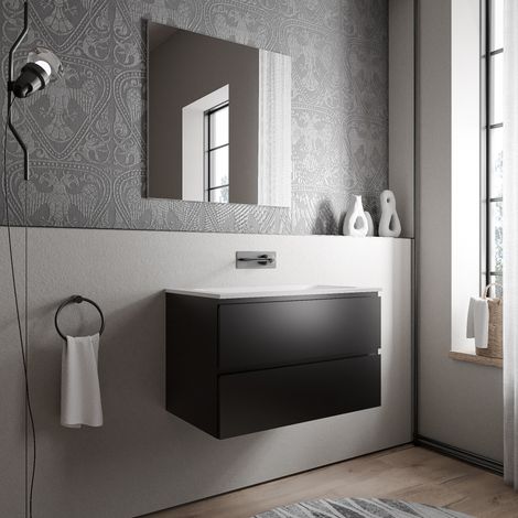 Unterschrank Bernstein AVA 80 cm mit Mineralguss Waschbecken CREAM - Badmöbelfarbe Schwarz matt, Waschbecken Weiß matt ohne Hahnloch
