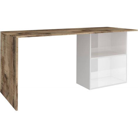 Dmora Scrivania lineare per ufficio e studio con scaffale, Made in Italy, Tavolo minimal, Scrittoio porta PC, cm 110x50h75, colore Bianco lucido e Acero, con imballo rinforzato (1/5)