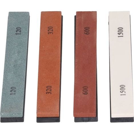 Ensemble de 4 pierres à aiguiser 120/320/600/1500 grains – Base antidérapante – Utilisation avec eau – Pour couteaux de chef et de chasse (1/4)