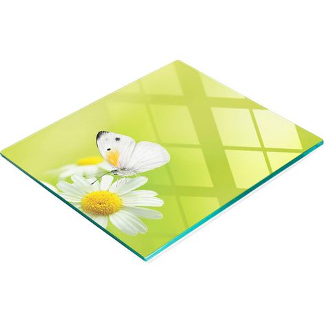 Tabla de cortar y servir decorativa de cristal con mariposas y manzanilla, 60x52 cm.
