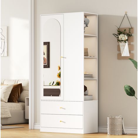 Spiegelschrank mit 1 Tür, 2 Schubladen, 4 Regalen, MDF weiß 80 x 40 x 180 cm HAVRYA (1/5)