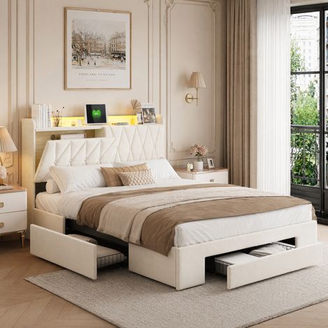 Lit avec tiroirs 160x200 en velours, Tete de lit rembourré avec éclairage LED et rangement, Cadre de lit double 160x200 avec station de recharge, Beige (1/5)