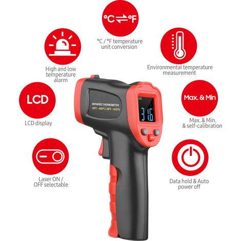 -50 ℃  800 ℃ / -58 ℉  1472 ℉ Termometro a infrarossi con schermo a colori, laser IR, portatile, digitale, senza contatto, pirometro a pistola per cucina, forno, barbecue, cioccolato, pizza, uso indust (1/5)