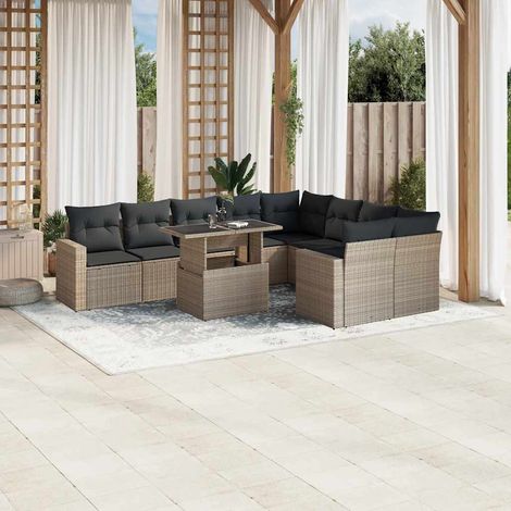 Set sofás jardín 10 pzas con cojines ratán sintético gris claro vidaXL (1/5)