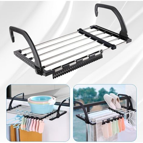 Étendoir à linge pliable télescopique en acier inoxydable, longueur 42-73 cm, pour balcon, radiateur ou balustrade. (1/5)