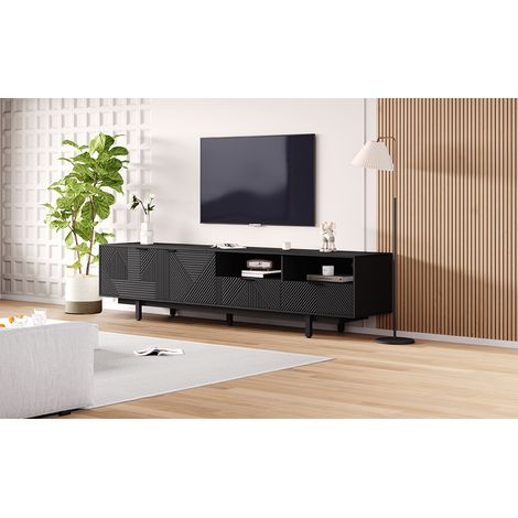 Armoire télévisuelle moderne de Bohême. Des lignes géométriques noires abstraites ornent cette armoire télévisuelle. La porte de l’armoire est de style minimaliste. (1/5)