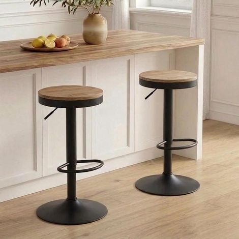 Tabouret Bar Lot de 2 Tabouret de Bar en Bois Chaise de Bar Tabouret Haut Cadre en Métal Réglable en Hauteur Pivotant à 360° avec Repose-Pieds Noir (1/5)