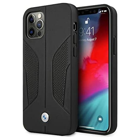 Étui BMW BMHCP12LRSCSK pour iPhone 12 Pro Max 6,7 pouces, noir/noir, coque rigide en cuir perforé sur les côtés