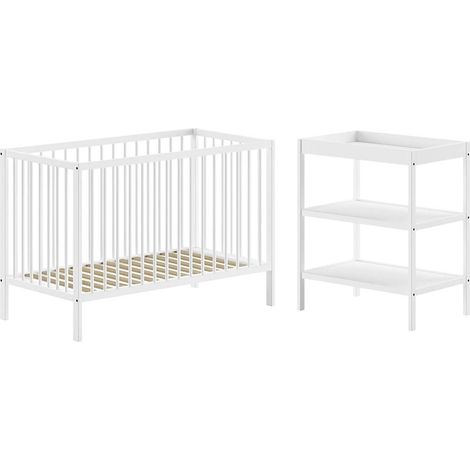 ELIOTT - Ensemble Lit BB + Table à Langer en Hêtre Massif Laqué Blanc