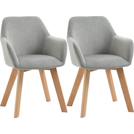 Lot de 2 chaises de salle à manger – Assise en velours, accoudoirs, pieds en bois, capacité 120 kg – Idéal pour cuisine, bureau et bar – Gris (1/5)