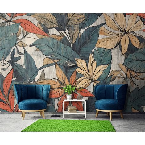 Vlies Fototapete Blätter 350x250 cm, Tapeten, für Wohn und Schlafzimmer, Vliestapete Wandtapete Tapete 3D Effekt- inkl. Kleister - Botanisch Natur grün gelb orange, WallArena (1/4)