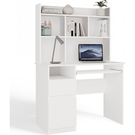PORTO SINISTRA - Scrivania 98×51×145 cm con 3 cassetti e ripiani, con mensola superiore per ufficio / camera da letto - Bianco (1/5)