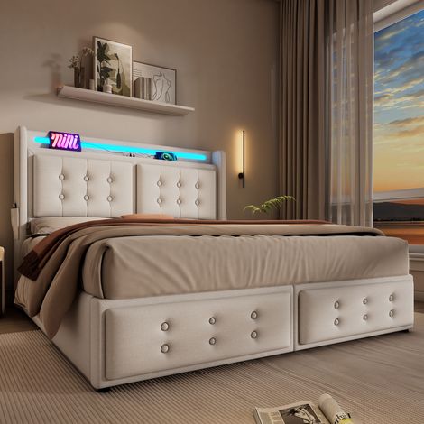 (=AB20966364B) Lit rembourré 180x200, lit double avec tête de lit LED et charge USB-C, lit hydraulique avec sommier à lattes en bois et cadre métallique, charge maximale 300 kg, beige, coton (sans mat (1/5)
