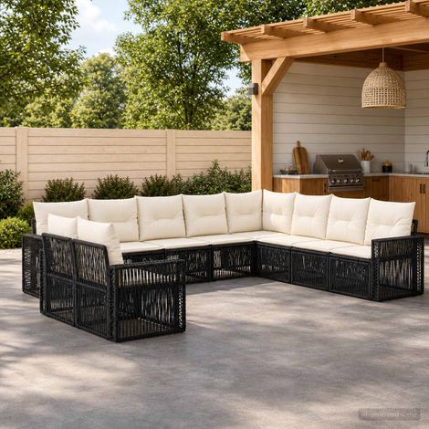vidaXL Set Divano da Giardino 10 pz Nero e Bianco Crema polyrattan (1/5)
