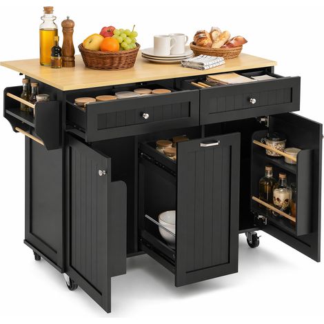 carrello da cucina mobile 140x40-70 cm in MDF nero naturale con piano ribaltabile - CHICFURN (1/5)