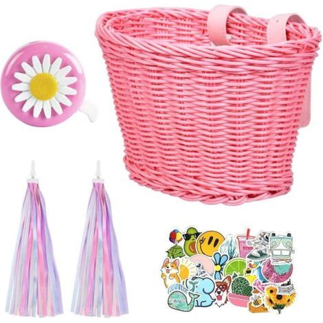 Panier Velo Enfant, Panier de Guidon de Vélo Enfant avec Cloche Vélo Et Tassel, Sticker, Tricotage à la Main Panier Vélo pour L'école, L'extérieur, Le Cyclisme, Rose