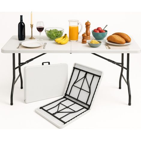 Tavolo catering rettangolare in plastica pieghevole a valigia - 180X71X74 cm - Struttura in resina resistente, ideale per l'esterno, giardino e campeggio - Bianco (1/5)