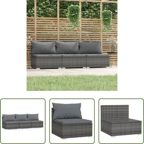 vidaXL Sofá de jardín de 3 plazas con cojines ratán sintético gris (1/5)