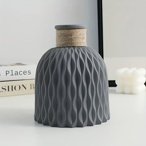 BelleRise - Vase géométrique à ondulations de style nordique rétro (avec accents de corde) — Décoration d'intérieur, Gris (1/2)