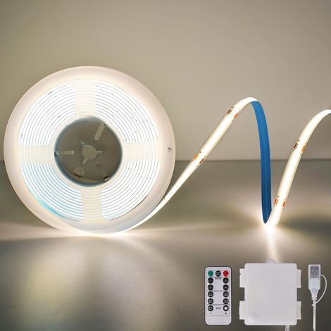 Bande LED COB avec batterie, 2 m, 640 LED, 4000 K, blanc naturel, découpable, flexible, avec télécommande, 4 modes, minuterie, pour chambre à coucher, cuisine, armoire, étagères (1/5)