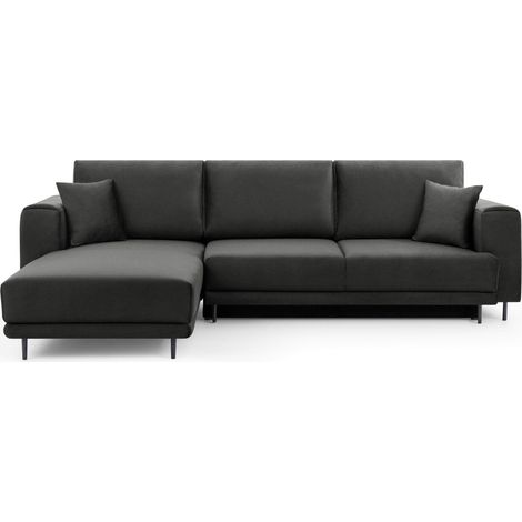 Canapé d'angle convertible velours DAVINA - Coffre et pieds métal noir angle gauche-Gris anthracite-angle gauche (1/5)