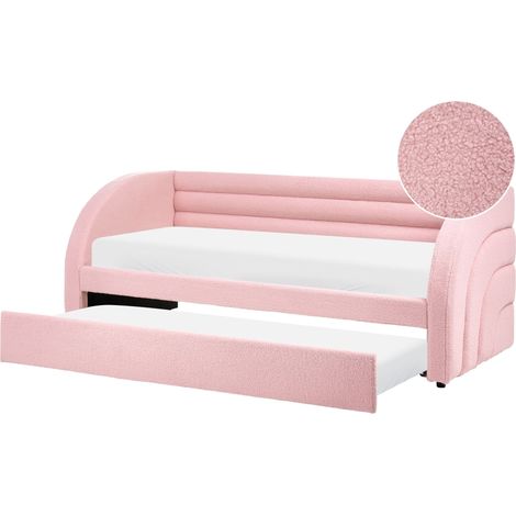 EU Single Trundle Bed Pastel Pink Boucle Upholstery 3ft Slatted Base Daybed Kids Room Guest Room ALBIAC