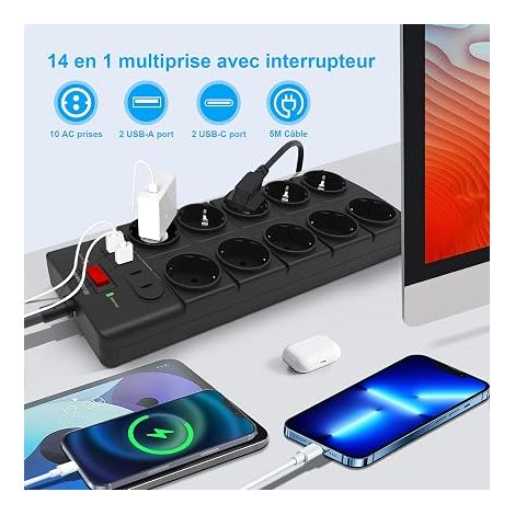 power strip outlets, USB-C and USB-A ports, switch, lightning arrester, extension cable m, black (1/4)