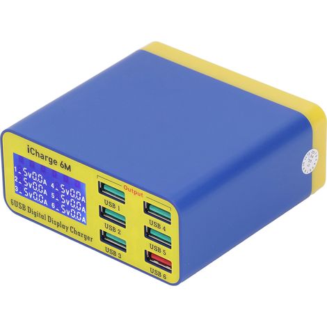 Chargeur USB 6 ports rapide pour smartphones et tablettes, affichage numérique intelligent, multi-connecteurs, station iCharge 6M, prise UE 100-240V (1/5)