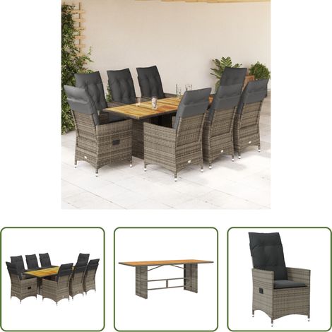 Gartentisch - 9-tlg. Garten-Essgruppe mit Kissen Grau Poly Rattan (1/5)