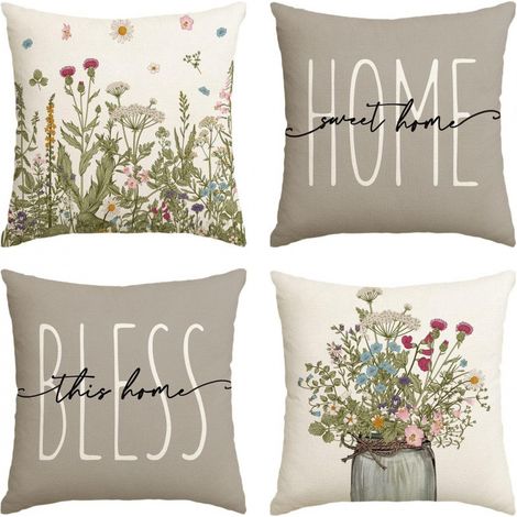 Housse de Coussin 45x45 Automne Printemps Housse Coussin Salon de Jardin Exterieur Vertes Plante Florale Lin Taie d'oreiller Decoratif pour Canapé Maison Salon Chambre Ferme Décoration Lot de 4