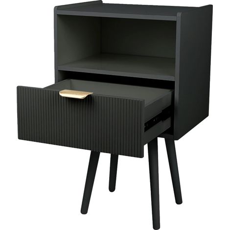 Mesita de noche, diseño moderno, almacenamiento compacto, color negro. (1/2)
