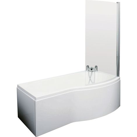 Balterley 1500 mm Right Hand B Shape Shower Bath Bundle & Tub, Curved 6 mm Safety Glass Screen & Matching Front Panel, Gloss White