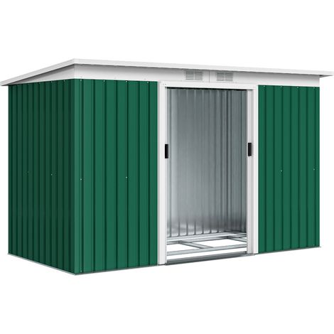 Abri de jardin de 3,6 m² (280 x 130 x 172 cm) avec fondations, porte coulissante, ventilation, acier galvanisé et vert foncé (1/5)