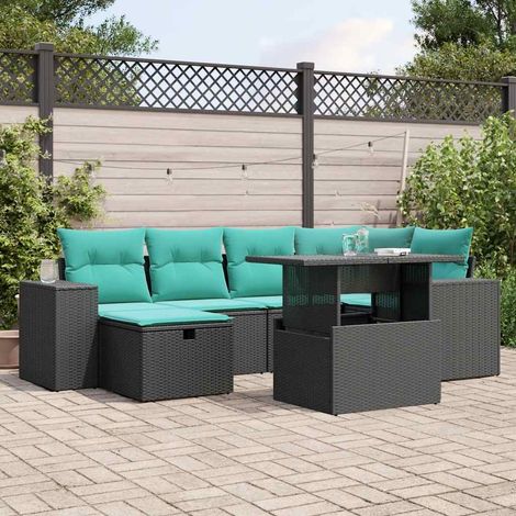 7-teiliges Gartensofa-Set mit Kissen, schwarzes Polyrattan (1/5)
